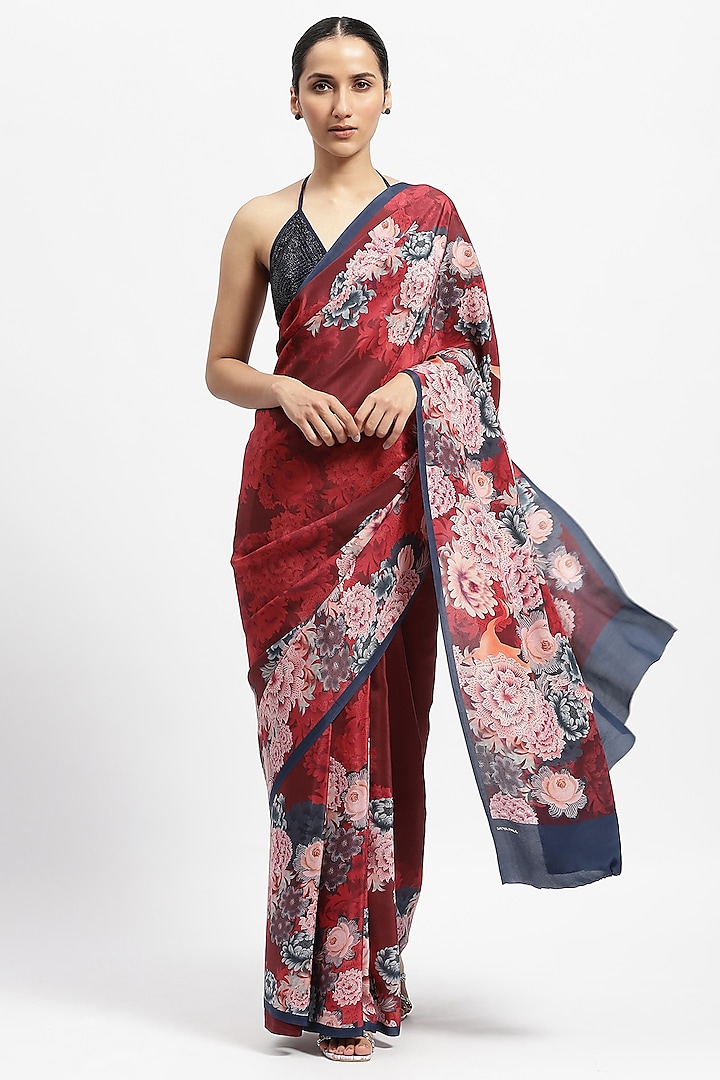 Red Silk Crepe Printed Saree by Satya Paul at Pernia's Pop Up Shop