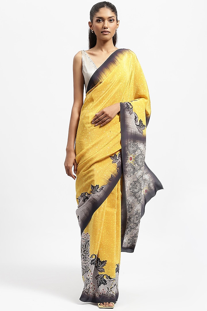 Yellow Silk Satin Printed Saree by Satya Paul at Pernia's Pop Up Shop