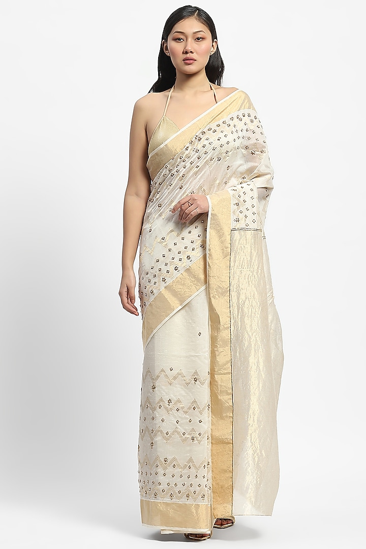 White Chanderi Thread Embroidered Saree by Satya Paul at Pernia's Pop Up Shop