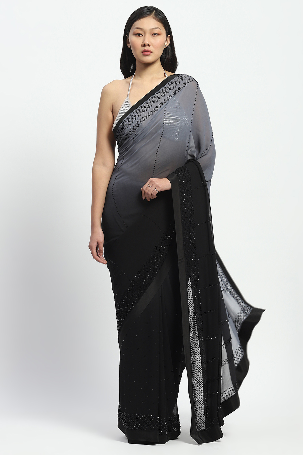 Black Viscose Georgette Embroidered Wedding Saree by Satya Paul at Pernia's Pop Up Shop