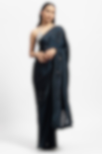 Black Manmade Satin Crystal Embroidered Wedding Saree by Satya Paul at Pernia's Pop Up Shop