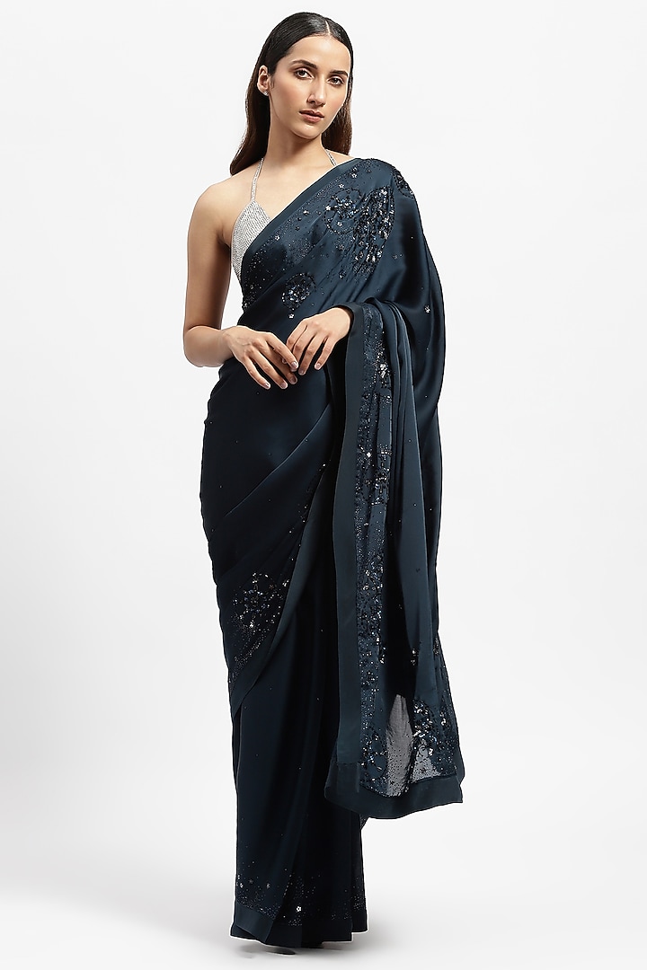 Black Manmade Satin Crystal Embroidered Wedding Saree by Satya Paul at Pernia's Pop Up Shop