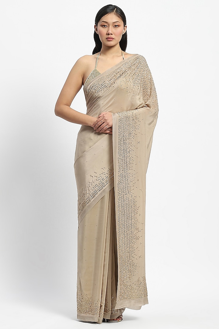 Beige Viscose Crepe Glass Bugle Embroidered Saree by Satya Paul at Pernia's Pop Up Shop