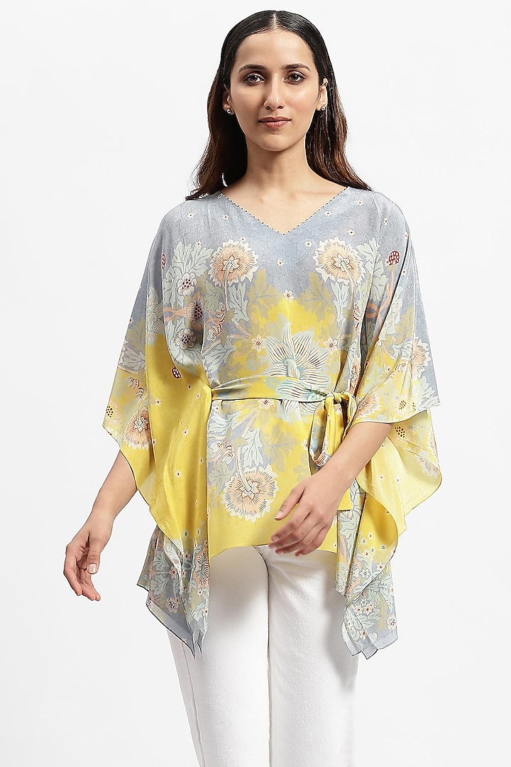 Grey Silk Crepe Printed Kaftan With Belt by Satya Paul at Pernia's Pop Up Shop