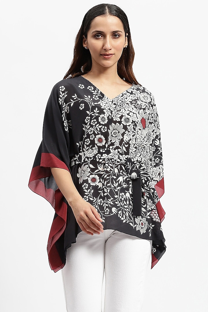 Black Silk Crepe Printed Kaftan With Belt by Satya Paul at Pernia's Pop Up Shop