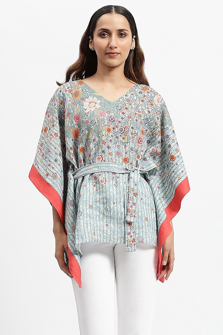 Blue Linen Printed Kaftan With Belt by Satya Paul at Pernia's Pop Up Shop