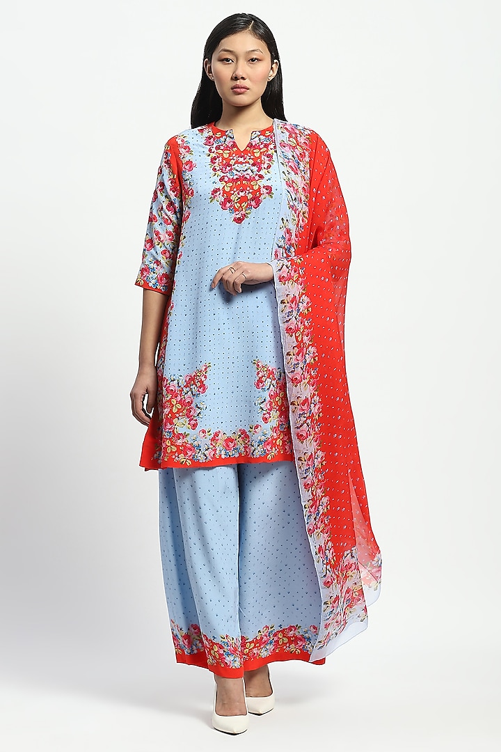 Blue Silk Crepe Printed Kurta Set by Satya Paul