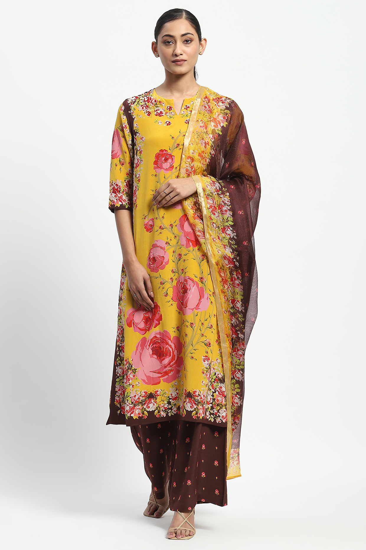 Yellow Silk Printed Kurta Set by Satya Paul at Pernia's Pop Up Shop