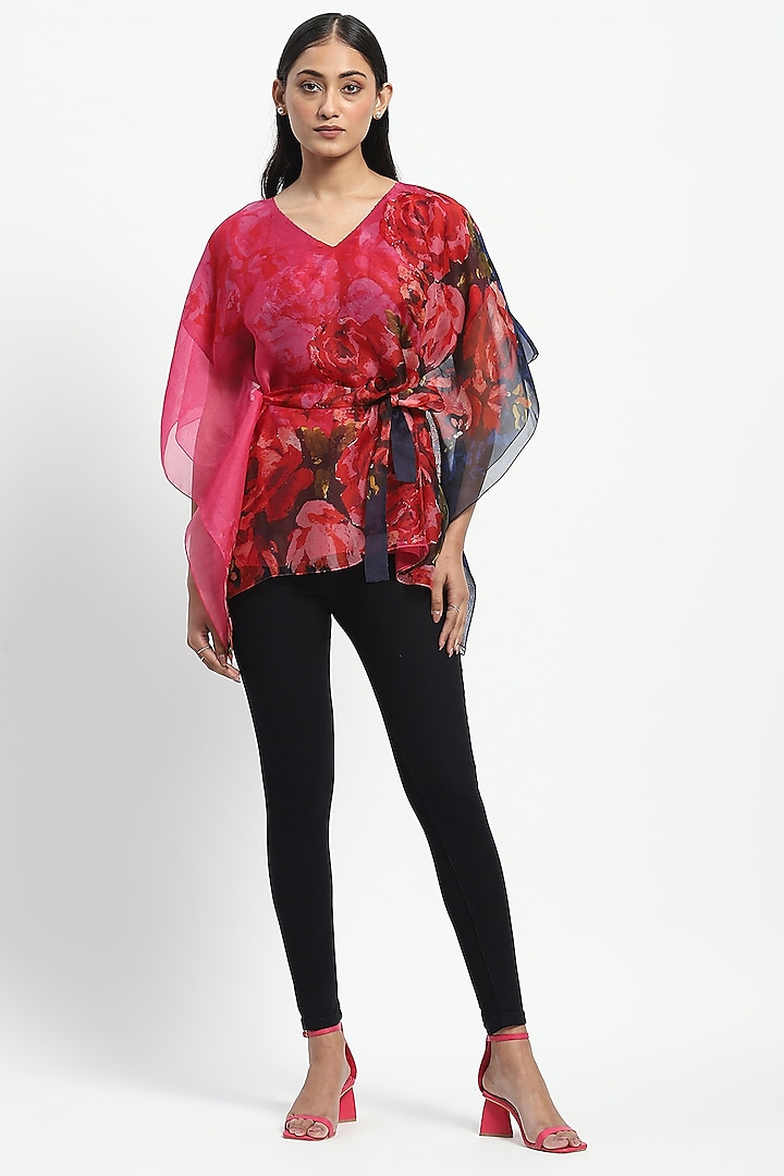 Pink Silk Organza Printed Kaftan With Belt by Satya Paul at Pernia's Pop Up Shop