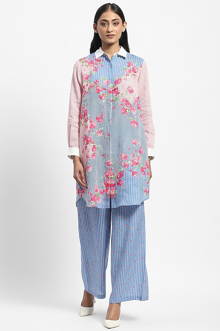 Blue Linen Printed Co-Ord Set by Satya Paul at Pernia's Pop Up Shop