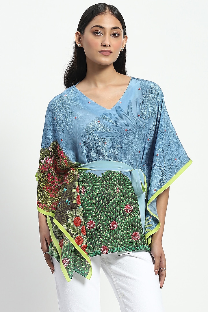 Green Silk Crepe Printed Kaftan With Belt by Satya Paul