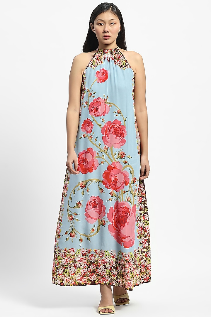 Multi-Colored Silk Crepe Embellished & Printed Maxi Dress by Satya Paul