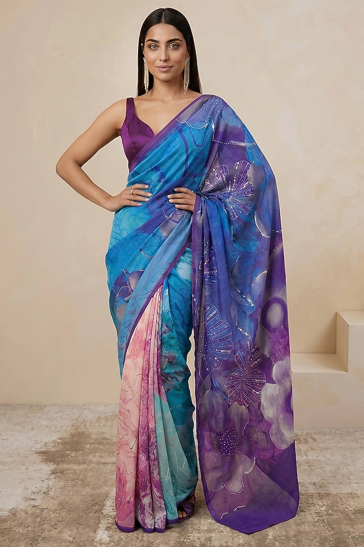 Purple Silk Crepe Printed Wedding Saree by Satya Paul at Pernia's Pop Up Shop