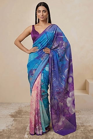 Purple Silk Crepe Printed Saree by Satya Paul