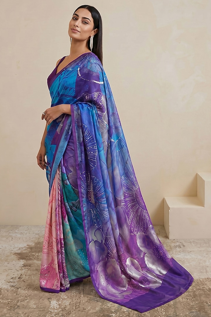 Purple Silk Crepe Printed Wedding Saree by Satya Paul at Pernia's Pop Up Shop