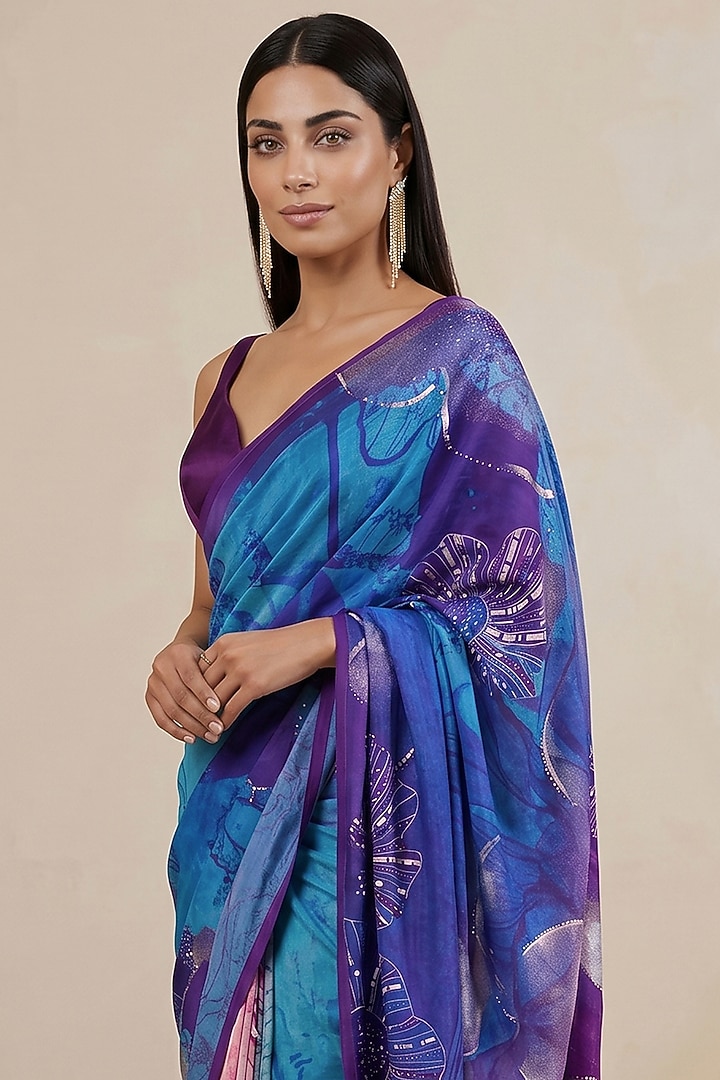 Purple Silk Crepe Printed Wedding Saree by Satya Paul at Pernia's Pop Up Shop