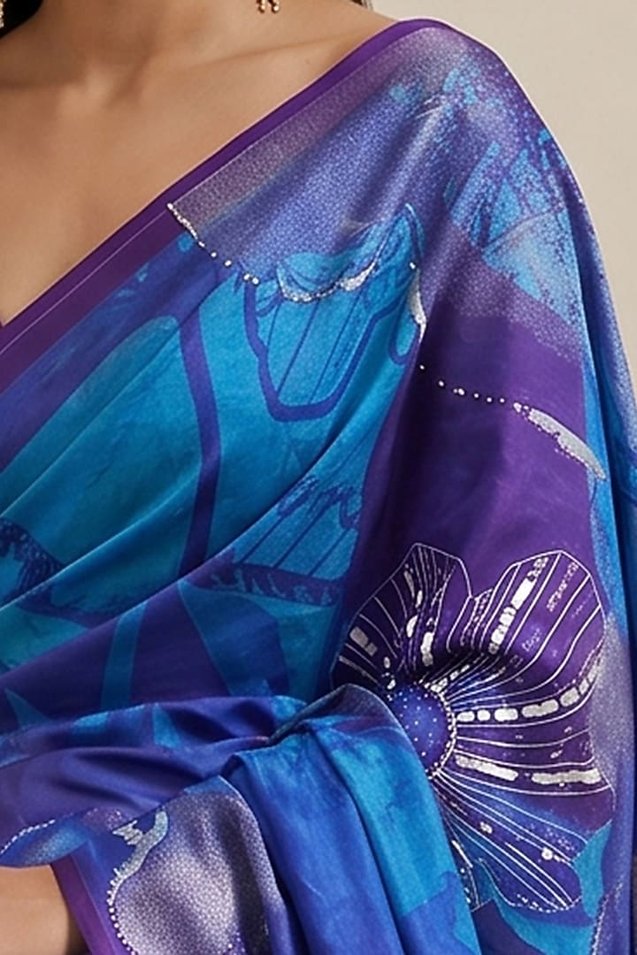 Purple Silk Crepe Printed Wedding Saree by Satya Paul at Pernia's Pop Up Shop