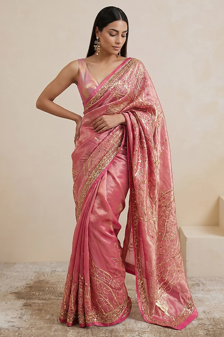 Pink Viscose Tissue Floral Embroidered Wedding Saree by Satya Paul at Pernia's Pop Up Shop