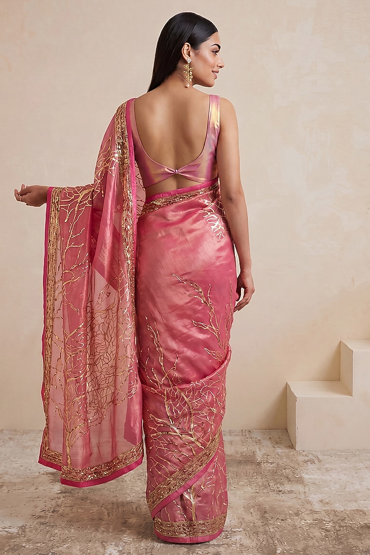 Pink Viscose Tissue Floral Embroidered Wedding Saree by Satya Paul at Pernia's Pop Up Shop