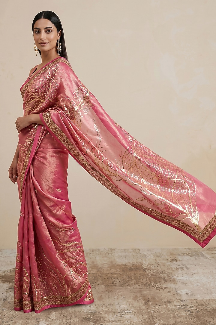 Pink Viscose Tissue Floral Embroidered Wedding Saree by Satya Paul at Pernia's Pop Up Shop
