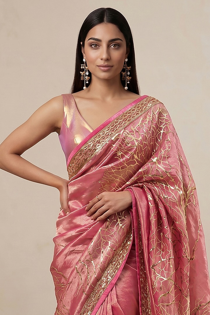 Pink Viscose Tissue Floral Embroidered Wedding Saree by Satya Paul at Pernia's Pop Up Shop