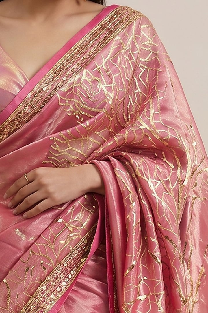 Pink Viscose Tissue Floral Embroidered Wedding Saree by Satya Paul at Pernia's Pop Up Shop