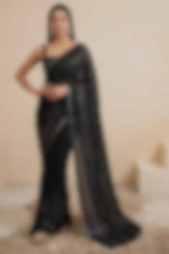 Black Viscose Crepe Linear Embroidered Wedding Saree by Satya Paul at Pernia's Pop Up Shop