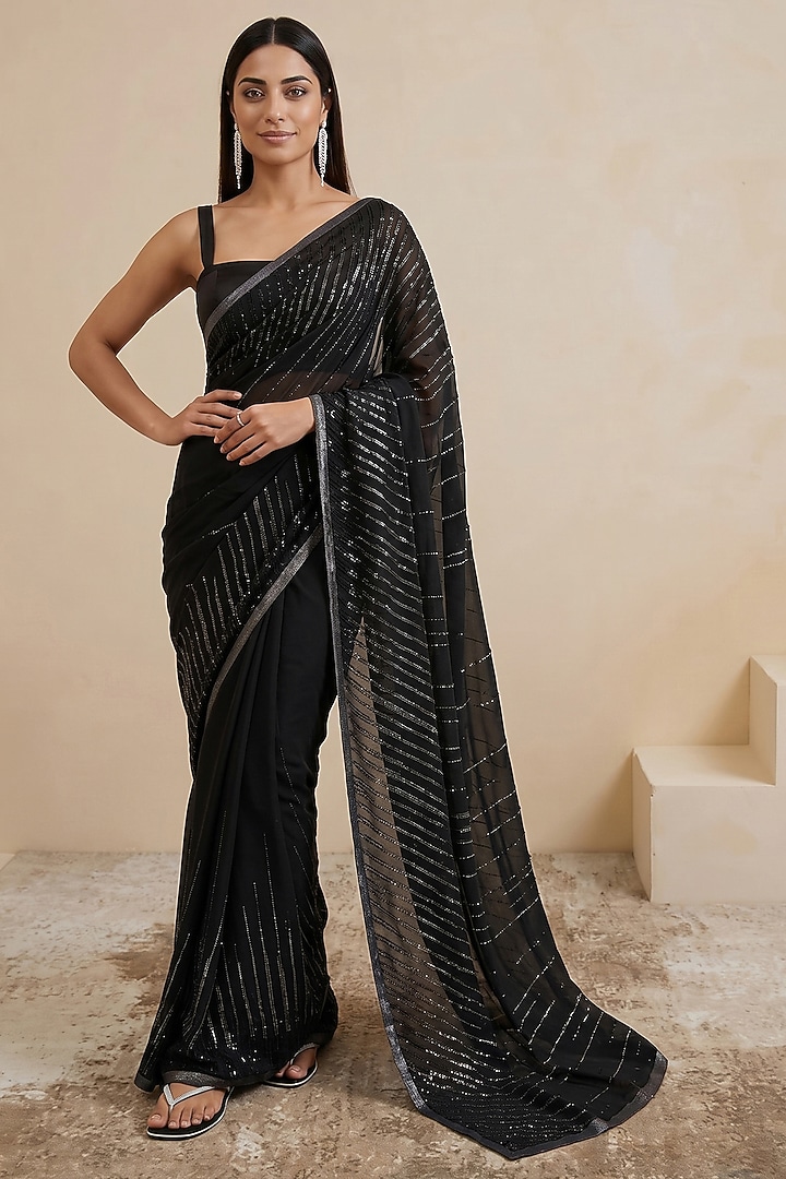 Black Viscose Crepe Linear Embroidered Wedding Saree by Satya Paul at Pernia's Pop Up Shop