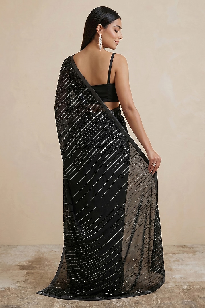 Black Viscose Crepe Linear Embroidered Wedding Saree by Satya Paul at Pernia's Pop Up Shop