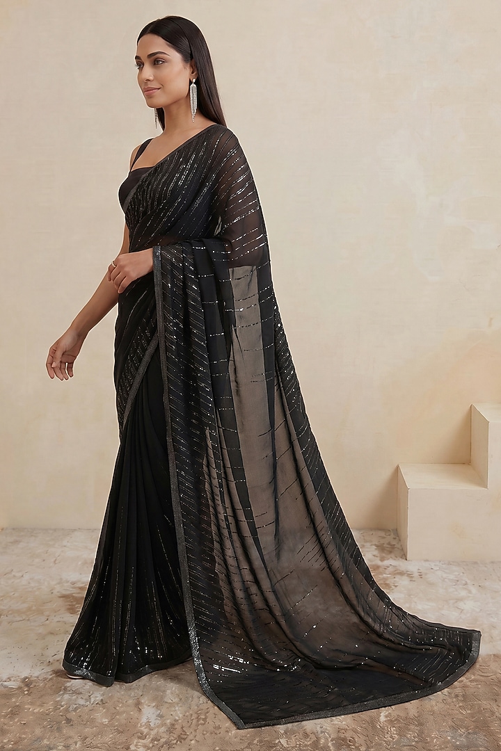 Black Viscose Crepe Linear Embroidered Wedding Saree by Satya Paul at Pernia's Pop Up Shop