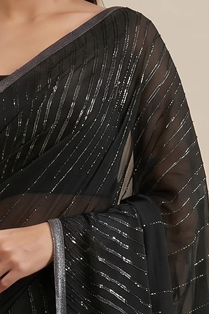 Black Viscose Crepe Linear Embroidered Wedding Saree by Satya Paul at Pernia's Pop Up Shop