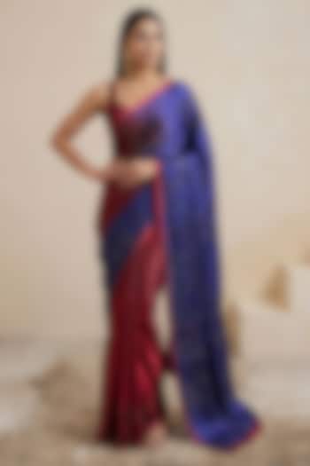 Blue & Scarlet Red Viscose Satin Embroidered Wedding Saree by Satya Paul at Pernia's Pop Up Shop
