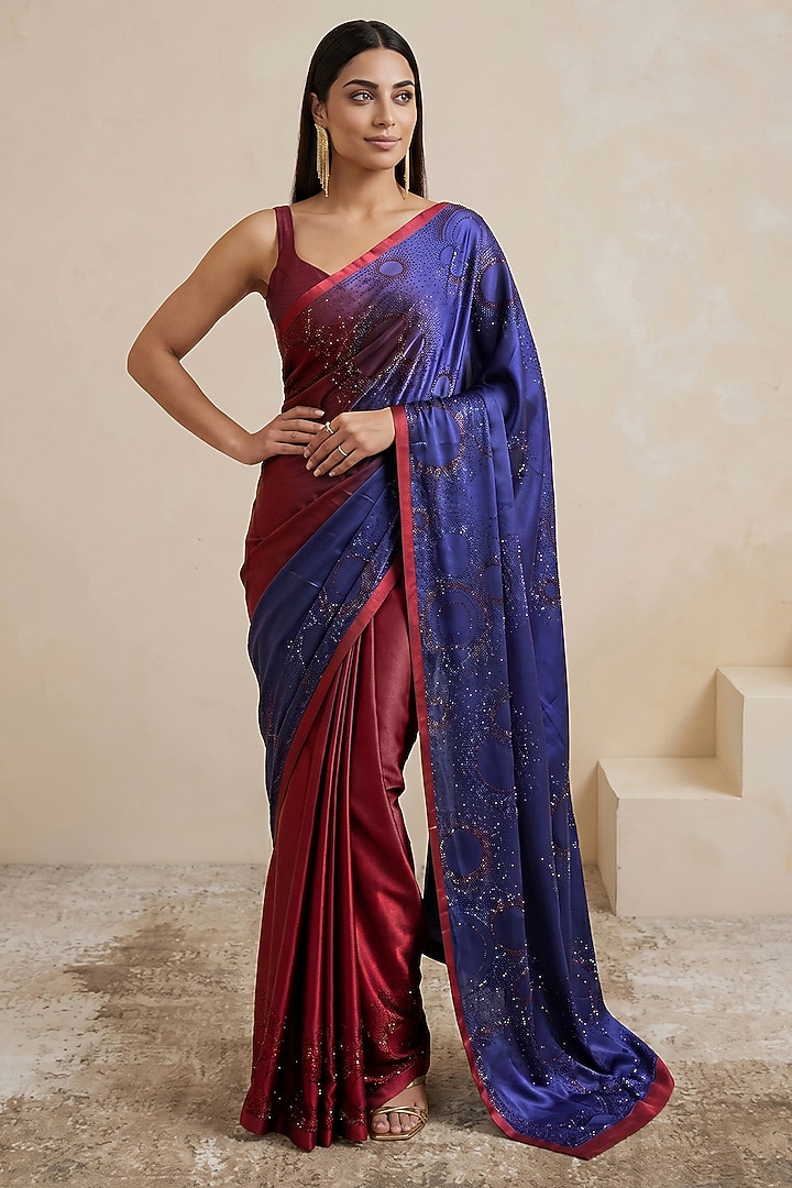 Blue & Scarlet Red Viscose Satin Embroidered Wedding Saree by Satya Paul at Pernia's Pop Up Shop