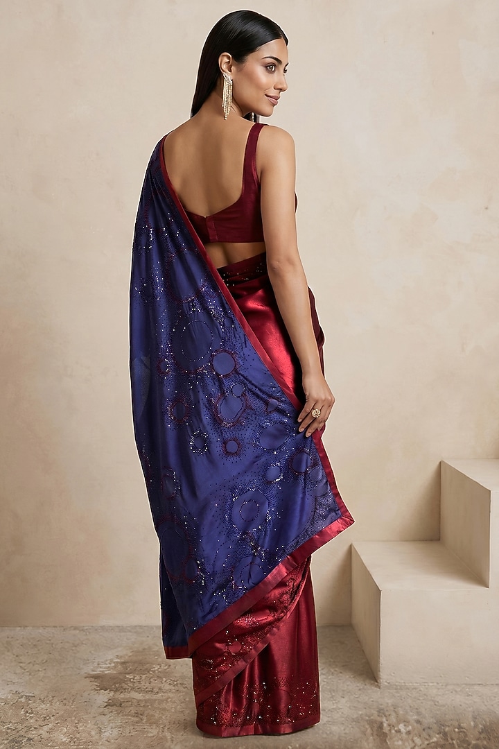 Blue & Scarlet Red Viscose Satin Embroidered Wedding Saree by Satya Paul at Pernia's Pop Up Shop