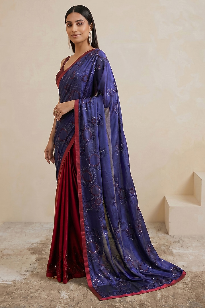 Blue & Scarlet Red Viscose Satin Embroidered Wedding Saree by Satya Paul at Pernia's Pop Up Shop