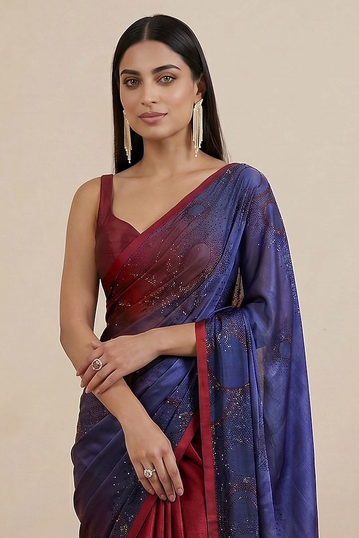 Blue & Scarlet Red Viscose Satin Embroidered Wedding Saree by Satya Paul at Pernia's Pop Up Shop
