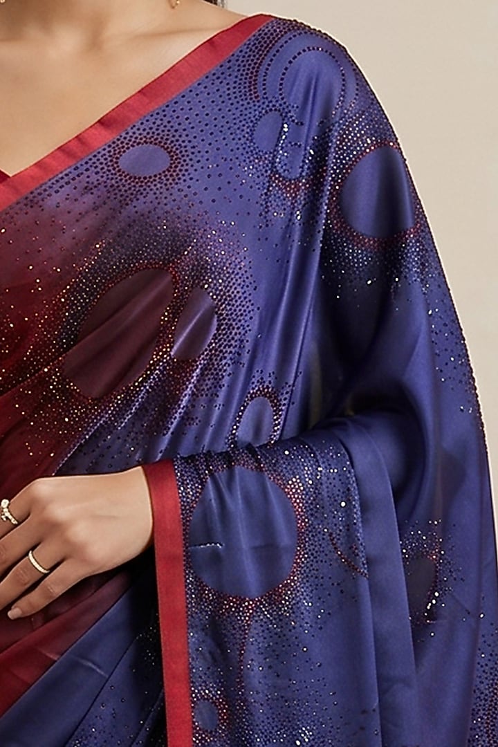 Blue & Scarlet Red Viscose Satin Embroidered Wedding Saree by Satya Paul at Pernia's Pop Up Shop