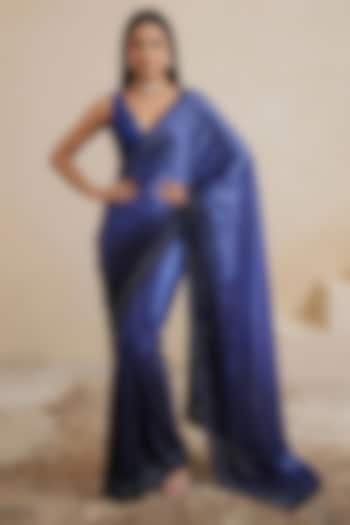 Blue Viscose Satin Embroidered Wedding Saree by Satya Paul at Pernia's Pop Up Shop