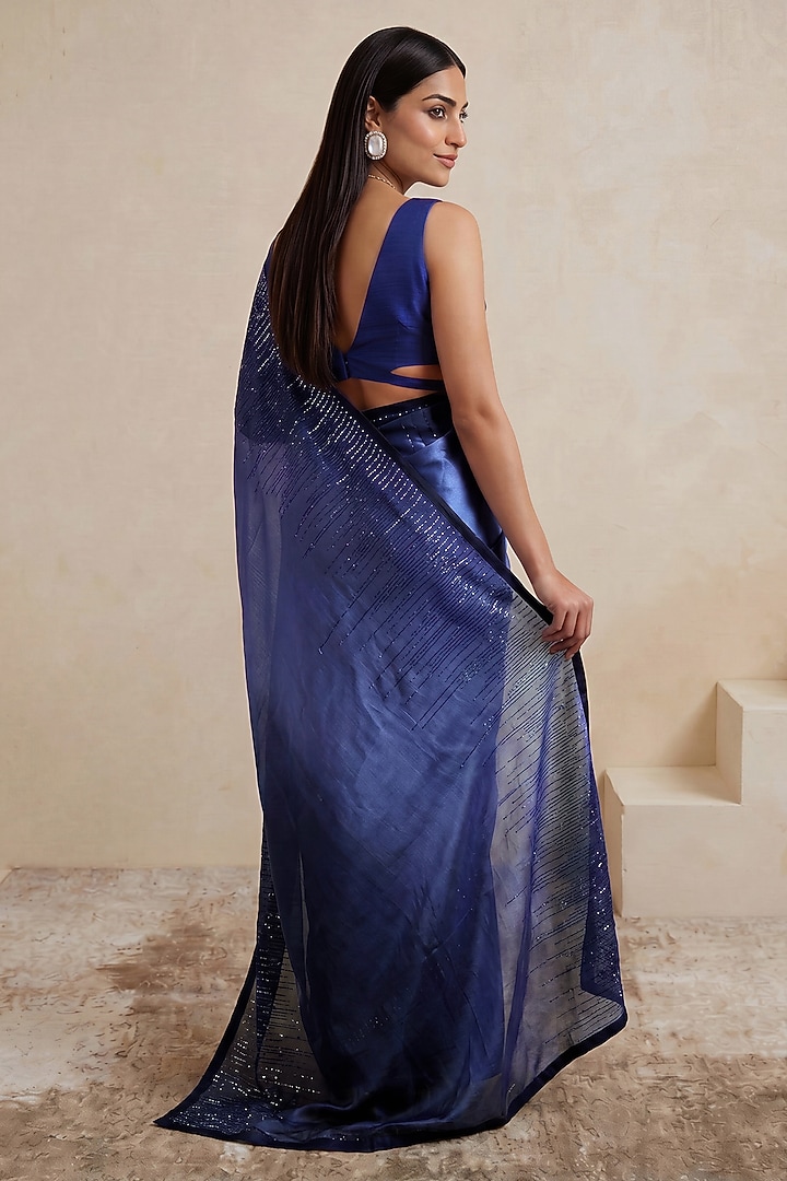 Blue Viscose Satin Embroidered Wedding Saree by Satya Paul at Pernia's Pop Up Shop