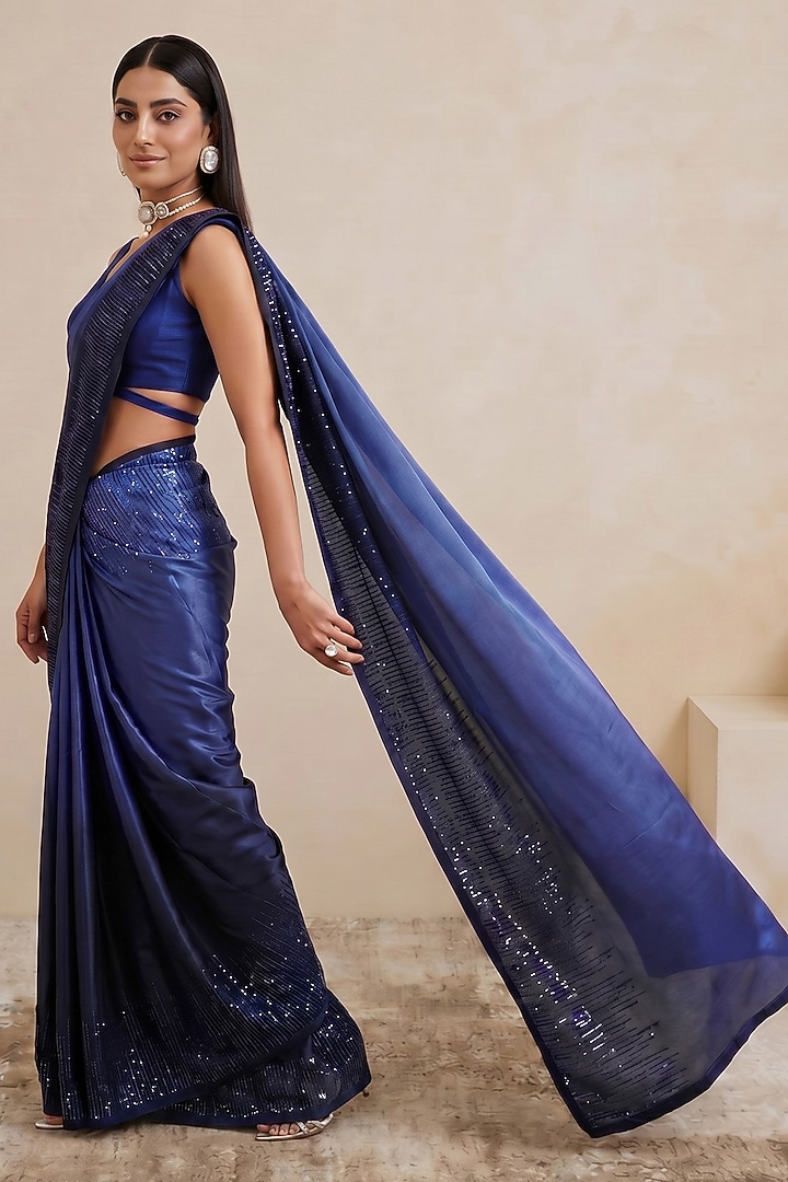 Blue Viscose Satin Embroidered Wedding Saree by Satya Paul at Pernia's Pop Up Shop