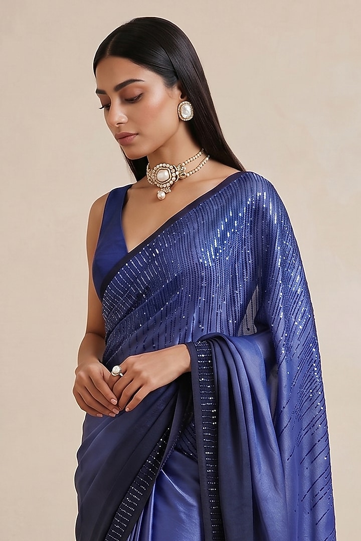 Blue Viscose Satin Embroidered Wedding Saree by Satya Paul at Pernia's Pop Up Shop