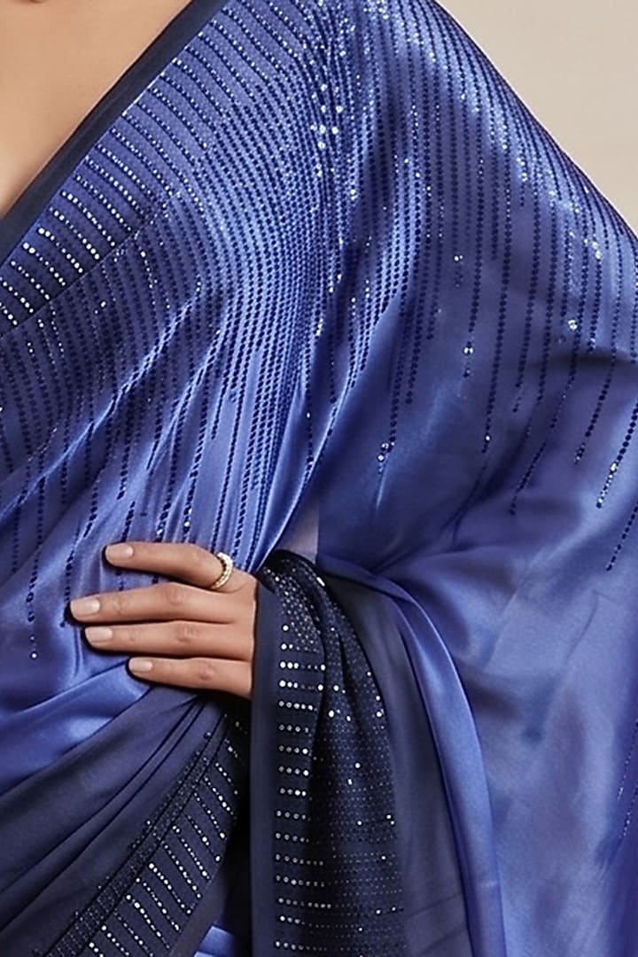 Blue Viscose Satin Embroidered Wedding Saree by Satya Paul at Pernia's Pop Up Shop
