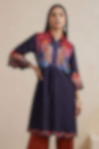 Blue Chanderi Floral Printed Tunic by Satya Paul at Pernia's Pop Up Shop