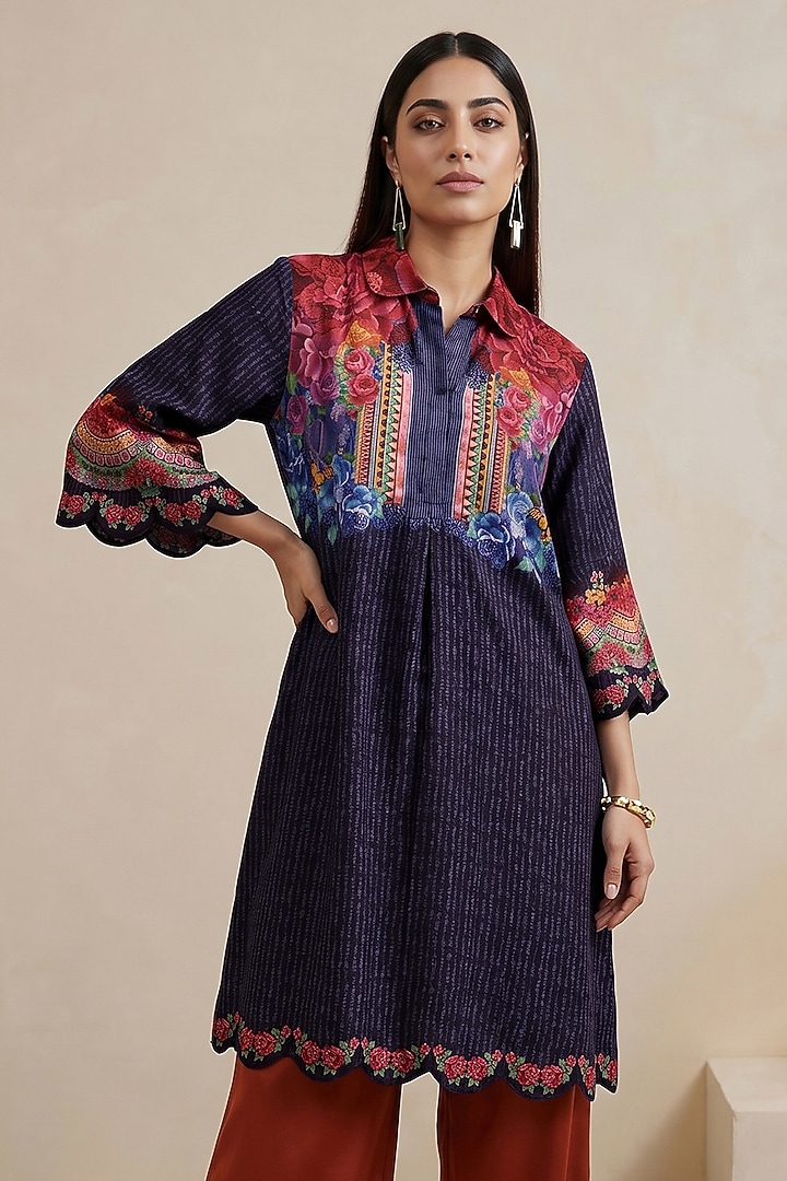Blue Chanderi Floral Printed Tunic by Satya Paul at Pernia's Pop Up Shop