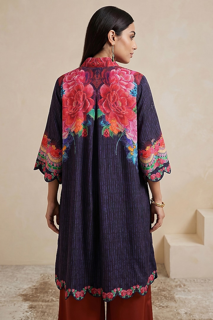 Blue Chanderi Floral Printed Tunic by Satya Paul at Pernia's Pop Up Shop