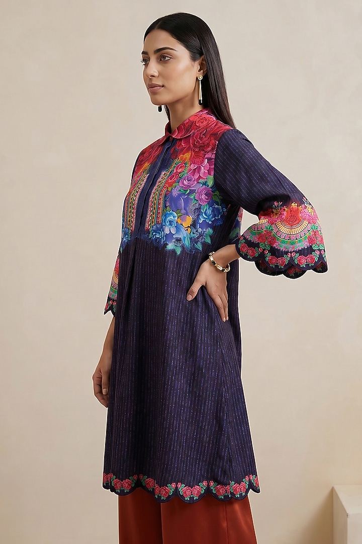 Blue Chanderi Floral Printed Tunic by Satya Paul at Pernia's Pop Up Shop