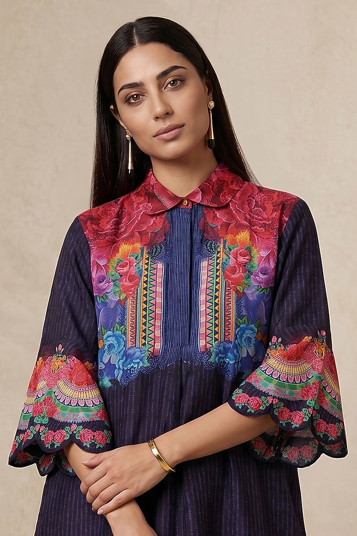 Blue Chanderi Floral Printed Tunic by Satya Paul at Pernia's Pop Up Shop