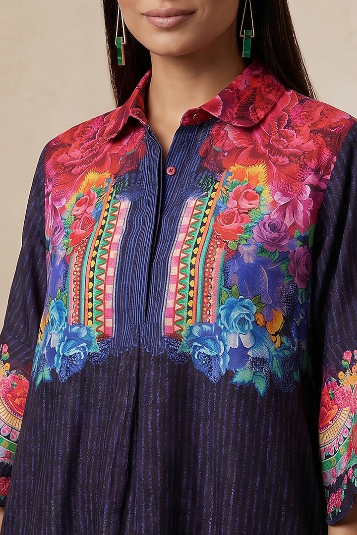Blue Chanderi Floral Printed Tunic by Satya Paul at Pernia's Pop Up Shop