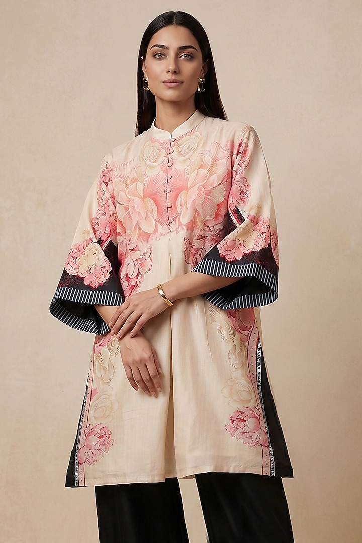 Pink Chanderi Floral Printed Tunic by Satya Paul at Pernia's Pop Up Shop