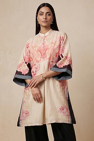 Pink Chanderi Floral Printed Tunic by Satya Paul